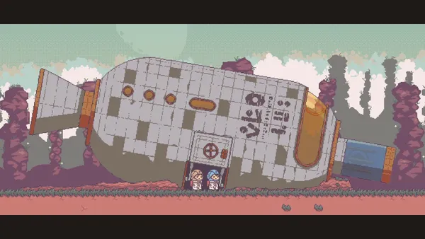 赤い地面に横たわる大きな宇宙船のドット絵。開いた扉の前に、茶色と青のヘルメットをかぶった2人の宇宙服のキャラクターが並んでいる