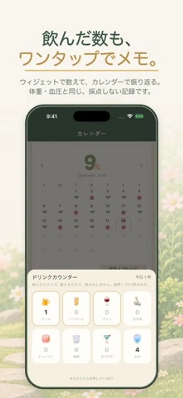 カレンダー画面の上に開いたドリンクカウンター。ビール、ハイボール、ワイン、日本酒、チューハイ、焼酎、カクテル、お水のボタンと、それぞれの杯数