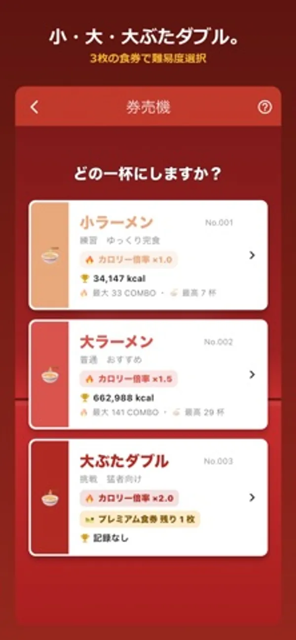 「どの一杯にしますか?」の券売機画面。小ラーメン(カロリー倍率×1.0)、大ラーメン(×1.5)、大ぶたダブル(プレミアム食券 残り1枚)