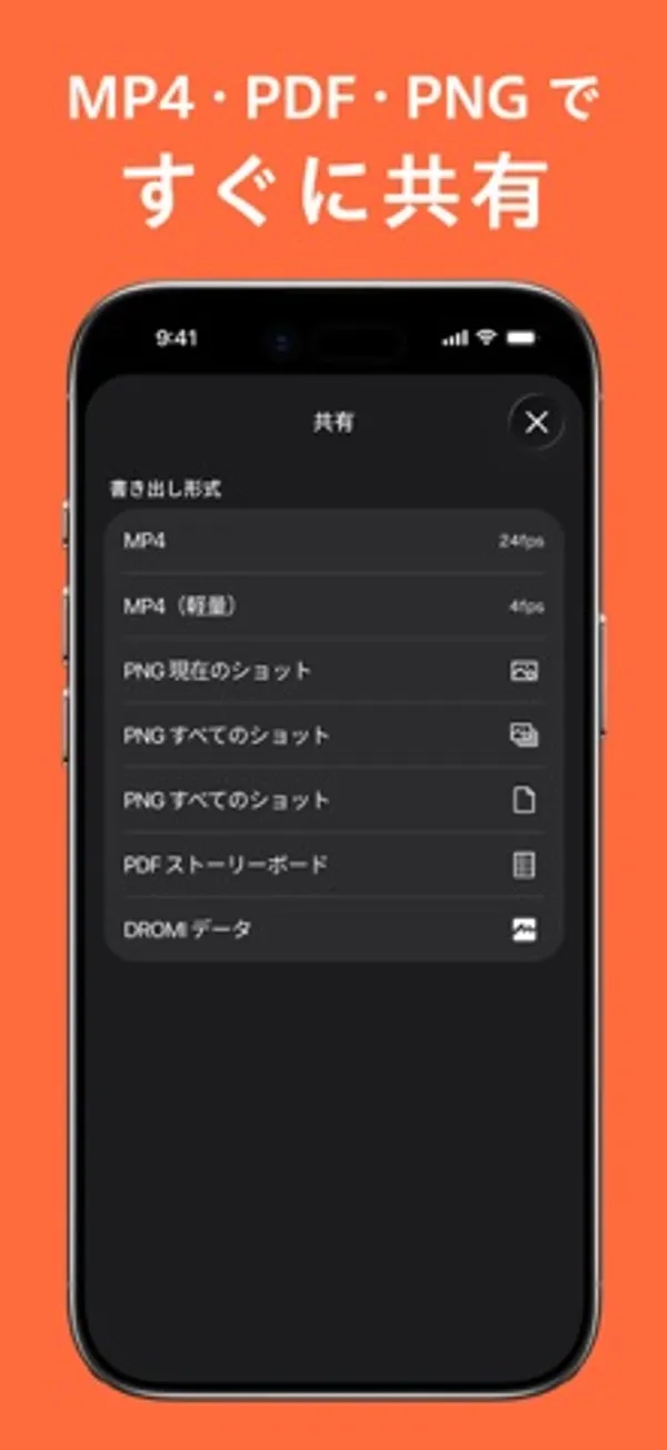 「MP4・PDF・PNG ですぐに共有」の見出しの下に、共有の書き出し形式の一覧が表示された iPhone の画面