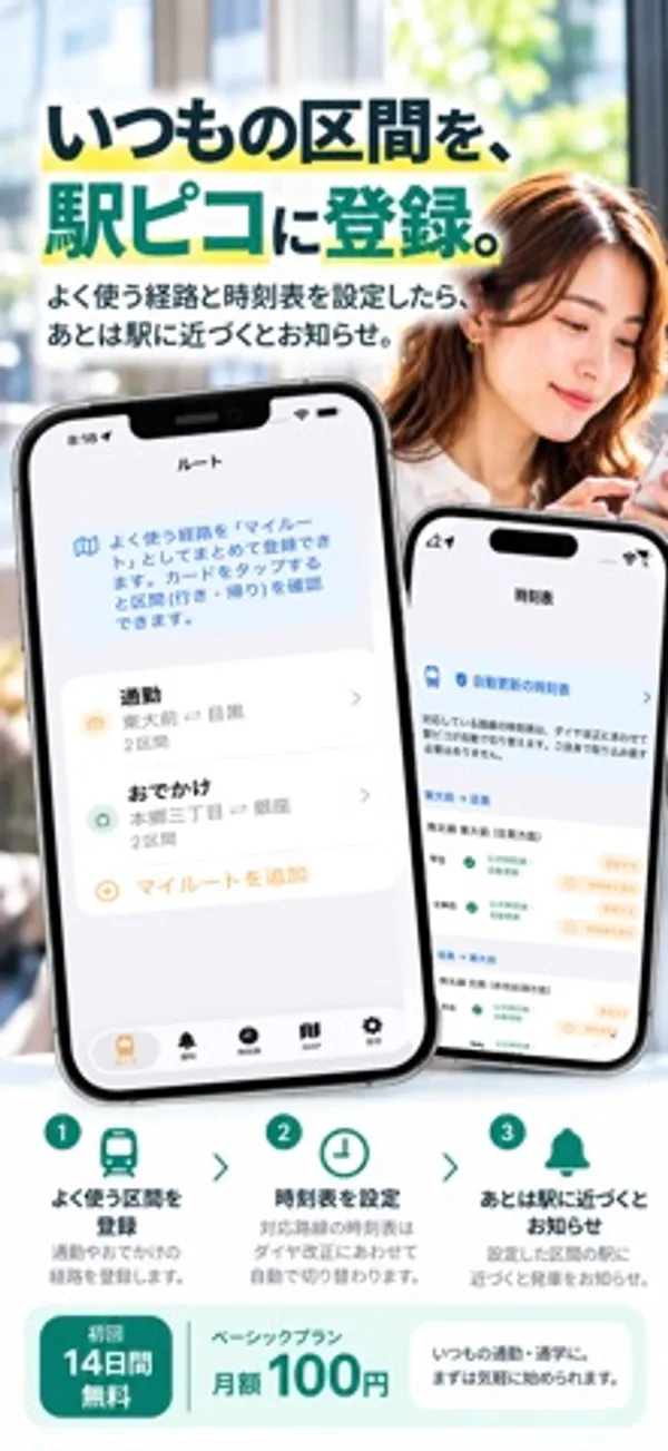 「通勤」「おでかけ」の区間が表示されたルート画面と、時刻表画面の2台の iPhone。下にベーシックプラン月額100円、初回14日間無料の表示