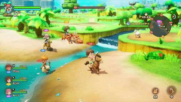馬やドラゴンなどに乗った4人のキャラクターが川辺を移動し、左下に3人の仲間のレベルと名前、右上に地図が表示された画面