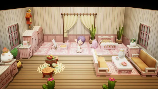 ピンクと白の家具、ベッド、ソファ、テーブルが置かれた部屋の中央でキャラクターが手を振っている画面
