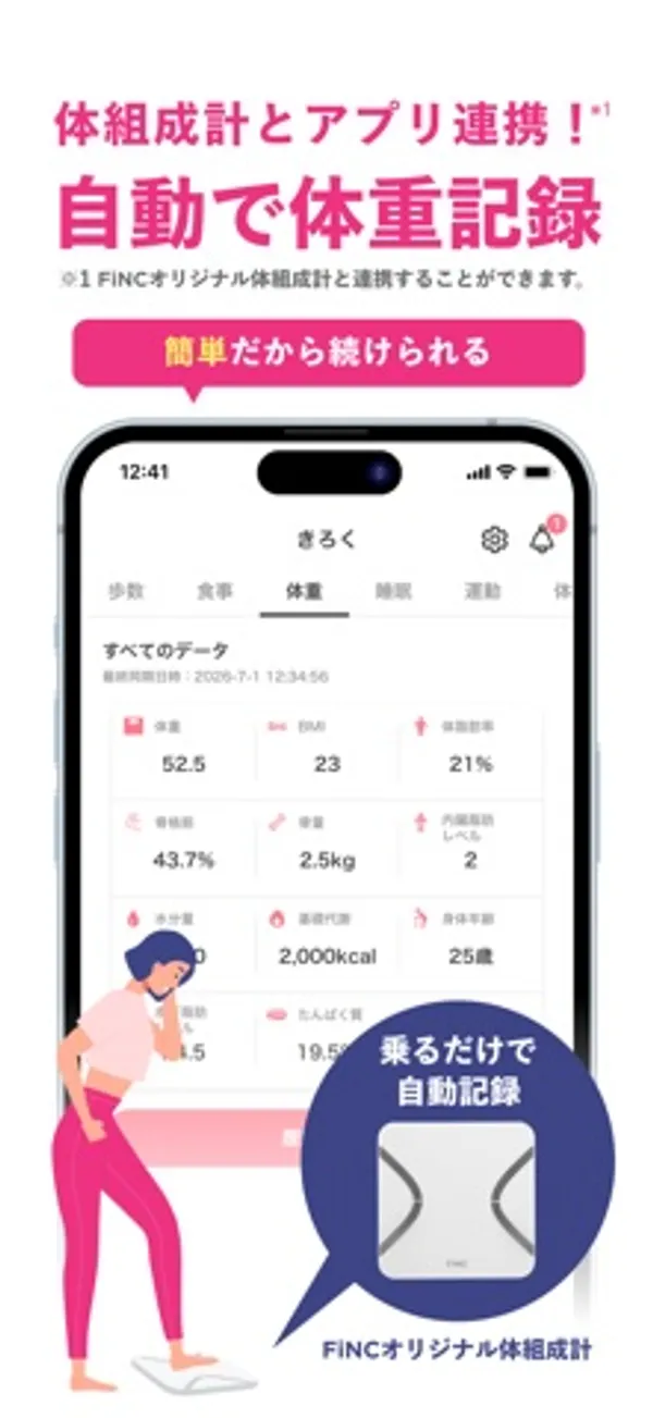 「体組成計とアプリ連携！自動で体重記録」の見出しの下に、体重52.5、BMI 23、体脂肪率21%などを示す記録画面と、白い体組成計の写真