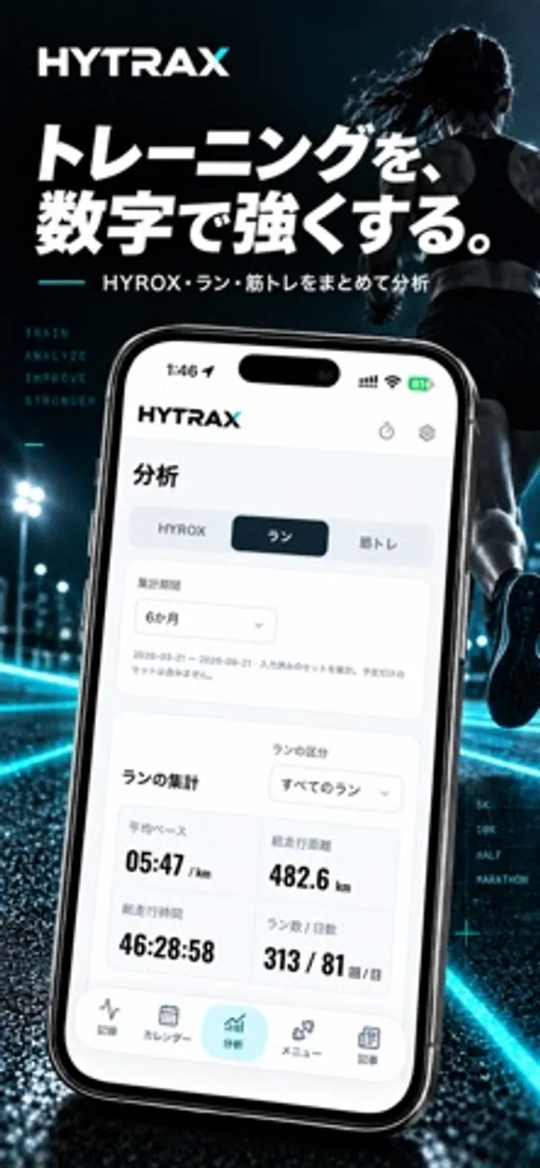 HYROX・ラン・筋トレのタブのうちランが選ばれ、集計期間6か月で平均ペース05:47/km、総走行距離482.6km、総走行時間46:28:58などが表示されている