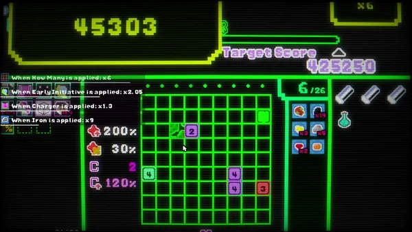 緑色の盤面の左側に「When How Many is applied: x6」「When Charger is applied: x1.3」などの文字が重なり、上に大きく 45303 の数字、右上に Target Score 425250 が表示されている