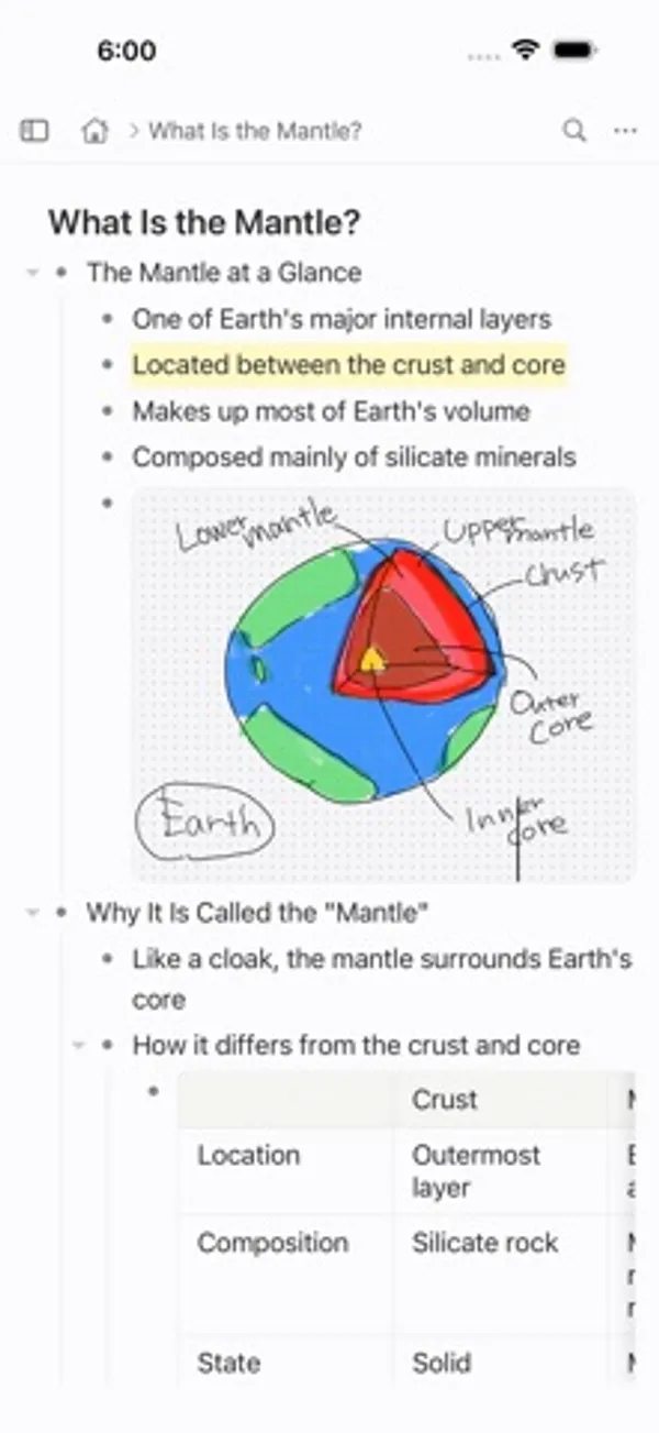 iPhone の画面。地球の断面を手書きで描いたスケッチが箇条書きの間にあり、その下に Crust などの列を持つ表が入っている