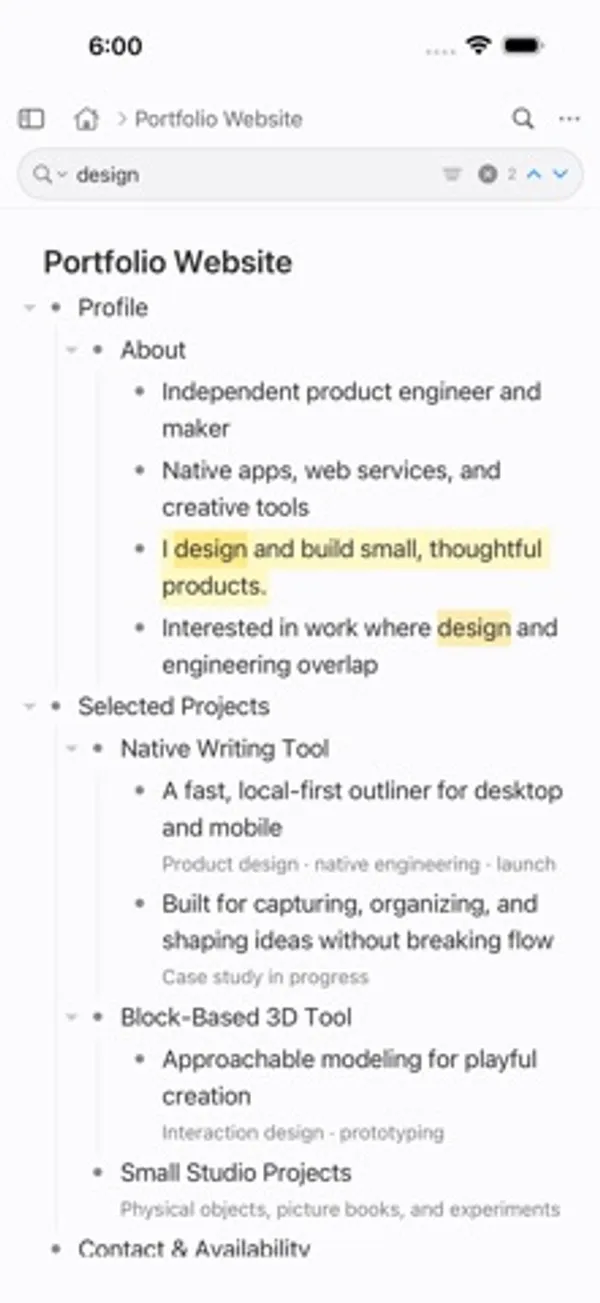 iPhone の画面。上部の検索欄に design と入力され、Portfolio Website のアウトラインの中で design の語が黄色く強調されている