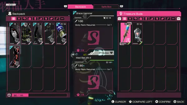 左にバックパックの中身の装備一覧、中央に Grace Hammer と Mad Bat Mk-II の比較、右に Treasure Buds の一覧が表示されたピンク基調の画面