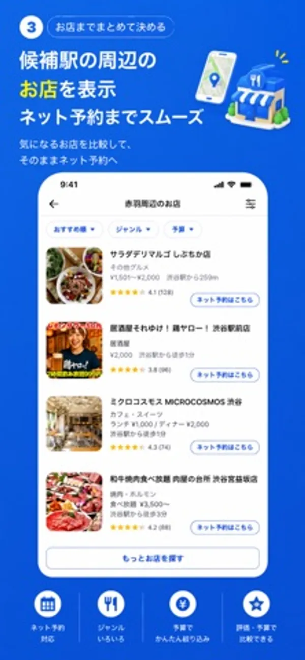 赤羽周辺のお店の一覧画面。店名・ジャンル・予算・評価と、ネット予約へのボタン