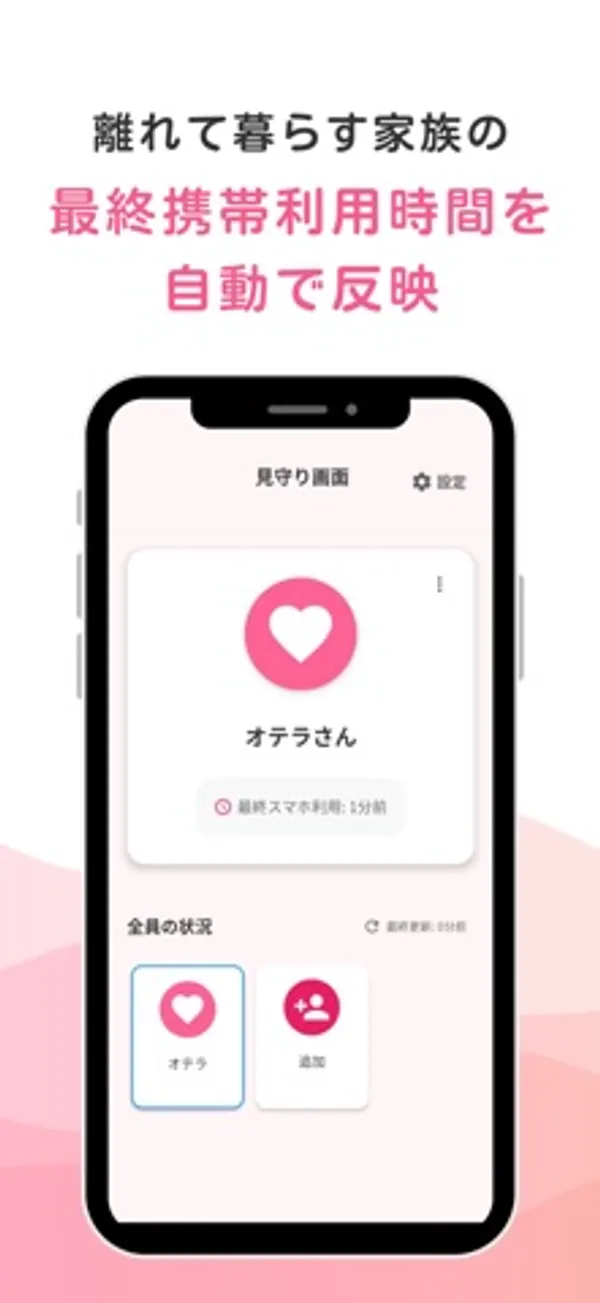 「離れて暮らす家族の最終携帯利用時間を自動で反映」という見出しの下に、ハートのアイコン、オテラさんの名前、最終スマホ利用1分前の表示、全員の状況の一覧が出ているスマホ画面