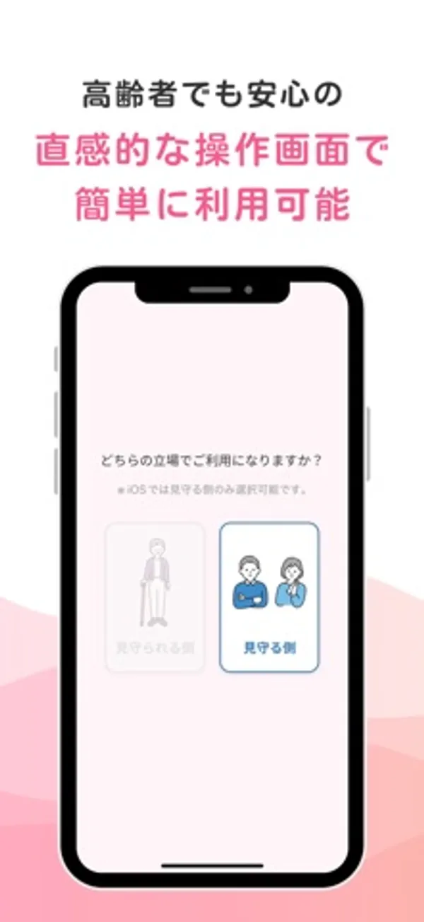 「どちらの立場でご利用になりますか？」と「※iOSでは見守る側のみ選択可能です。」の文の下に、薄く表示された見守られる側のボタンと、選べる見守る側のボタンがあるスマホ画面