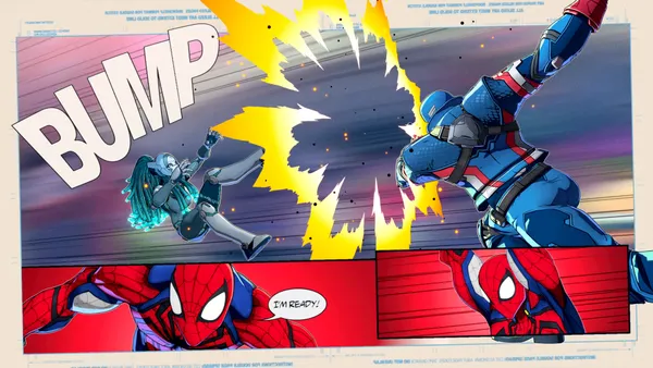「BUMP」の擬音とともにキャプテン・アメリカがデンジャーを打ち飛ばす大きなコマと、その下にスパイダーマンの顔のコマが2つ並ぶ画面