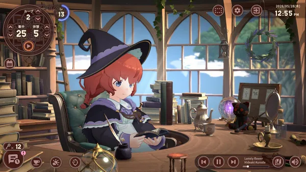 魔女の帽子をかぶった赤い髪の少女が机で本を読んでいる部屋。左上に「ループ 2」「集中 25」「休憩 5」の円いタイマー、右下に曲名「Lonely flower」の音楽プレイヤー
