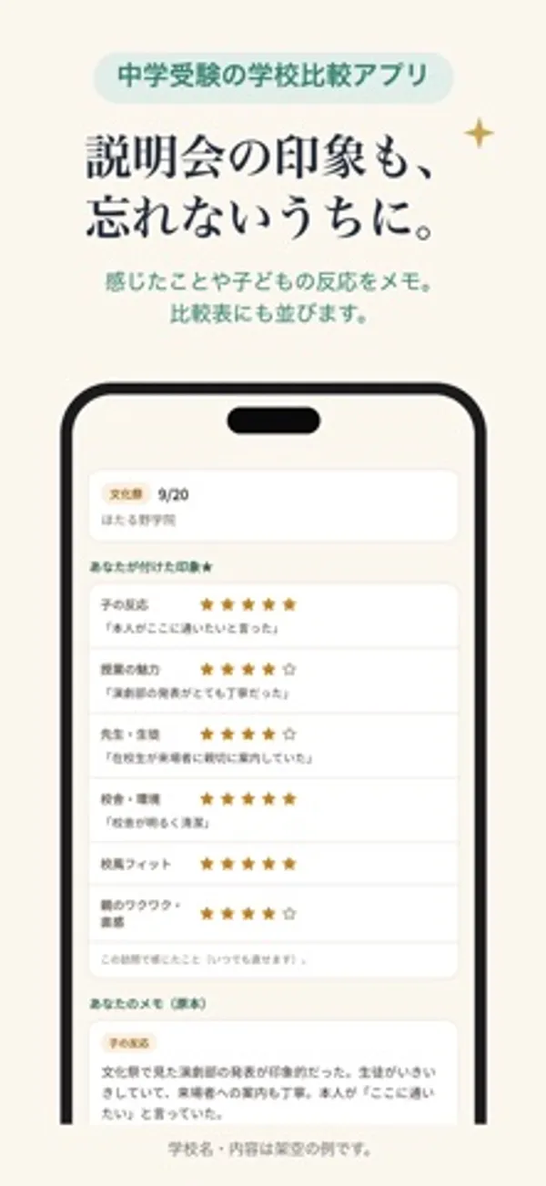 「文化祭 9/20」の記録に、子の反応・授業の魅力・先生・生徒などの星評価と、「あなたのメモ」欄が並ぶ画面