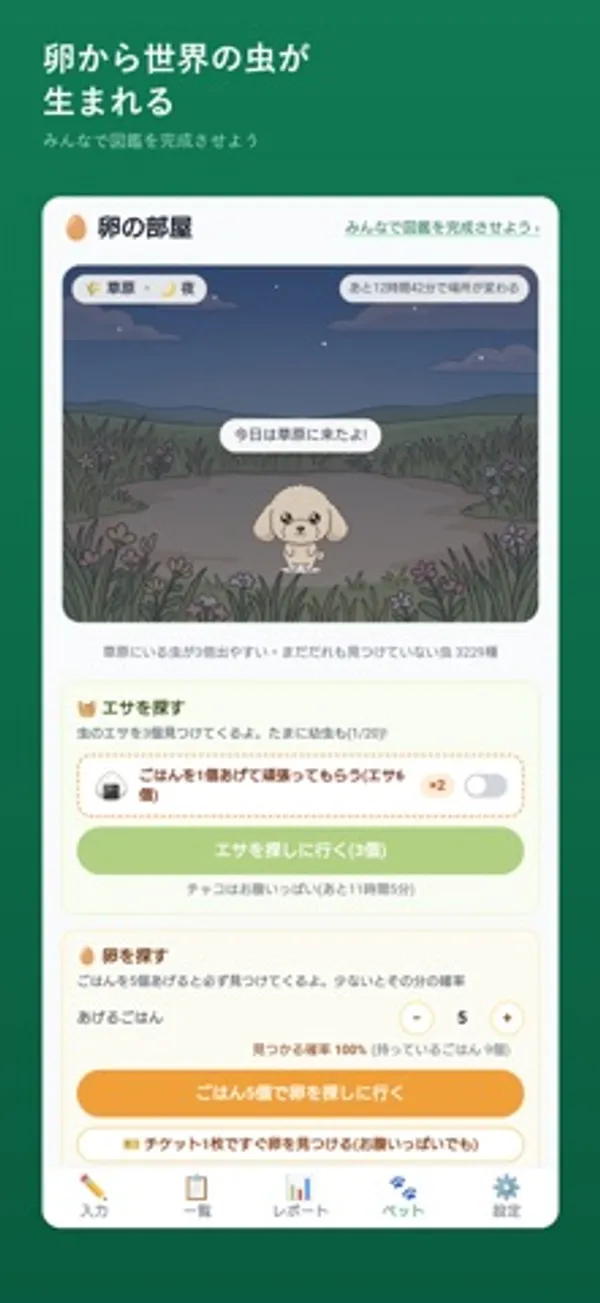 「卵の部屋」の画面。夜の草原にペットがいて「今日は草原に来たよ」と表示され、下に「エサを探す」「卵を探す」の欄がある