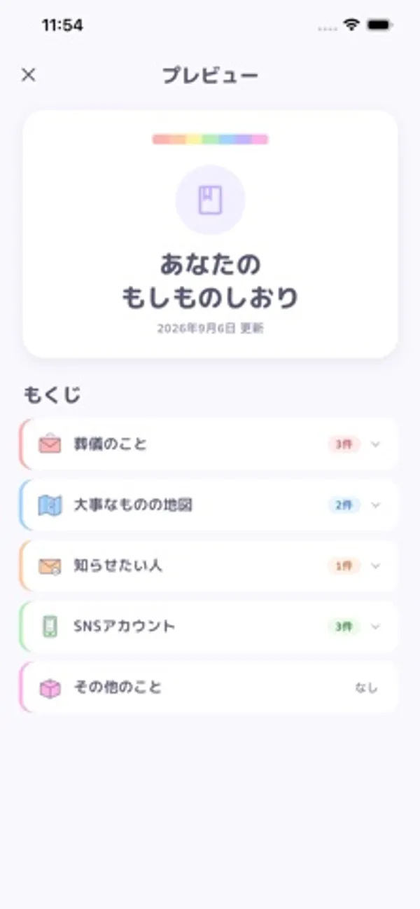 「あなたのもしものしおり」という表紙の下に、葬儀のこと、大事なものの地図、知らせたい人、SNSアカウント、その他のことのもくじと件数が表示された画面