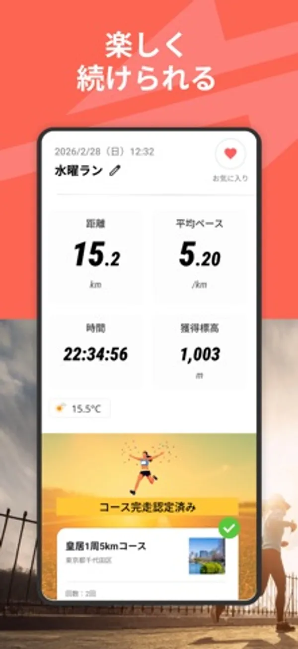 「水曜ラン」の記録として距離15.2km、平均ペース5.20/km、時間、獲得標高1,003mが表示され、その下に完走認定のイラストとコース名がある画面