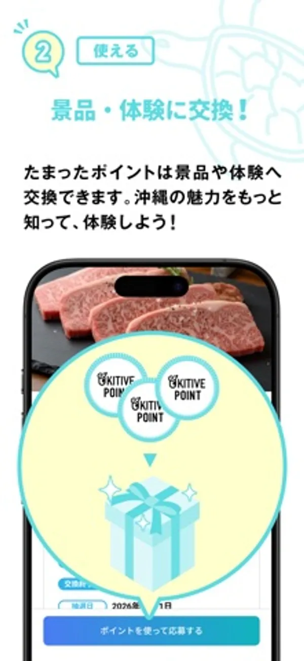 肉の写真の上に OKITIVE POINT のコインとプレゼント箱の絵が重なり、下に「ポイントを使って応募する」ボタンがある画面