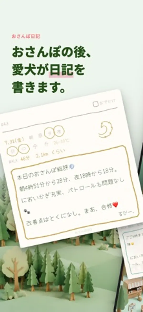 日付・天気・歩いた時間と距離の下に、愛犬目線の「本日のおさんぽ総評」が手書き風の文字で書かれたカード