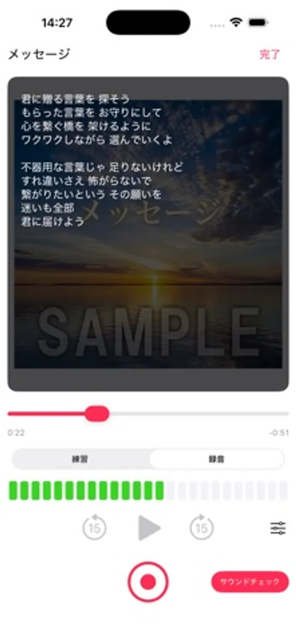歌詞の下に緑色の音量メーターが表示され、赤い録音ボタンと「サウンドチェック」と書かれたボタンが並ぶ画面