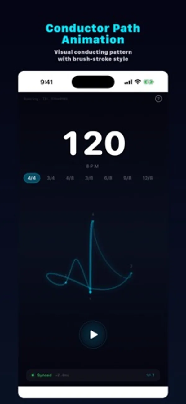「Conductor Path Animation」「Visual conducting pattern with brush-stroke style」という見出しの下に、120 BPM の画面と、青い筆の線のような指揮の軌道が描かれた iPhone の画面