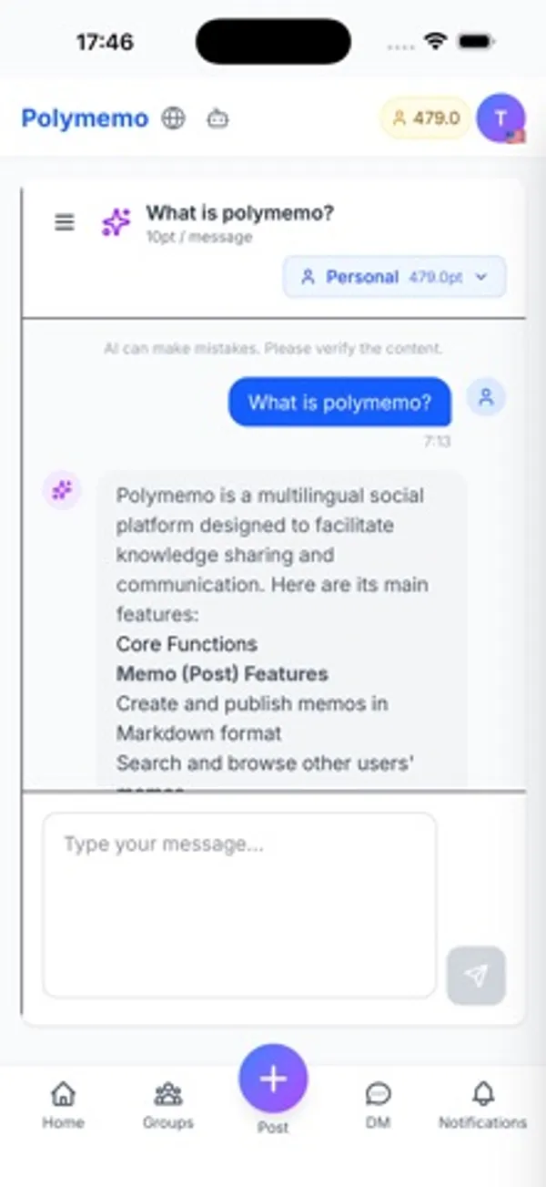 AI チャットの画面。右に利用者の質問「What is polymemo?」の吹き出し、左に Polymemo の機能を説明する AI の回答があり、上に「AI can make mistakes. Please verify the content.」と表示されている