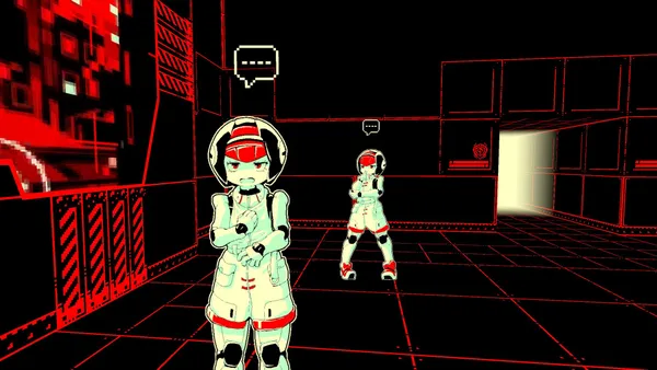 赤い線で描かれた室内に、ヘルメットをかぶったロボットの少女が2体立ち、それぞれの頭上に吹き出しが出ている