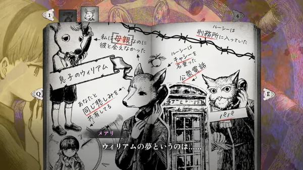 開いた手帳に、電話をかける動物の顔の人物の絵と「私は母親なのに彼と会えなかった」「公衆電話」などの手書きのメモが並び、下にメアリのせりふが表示されている画面