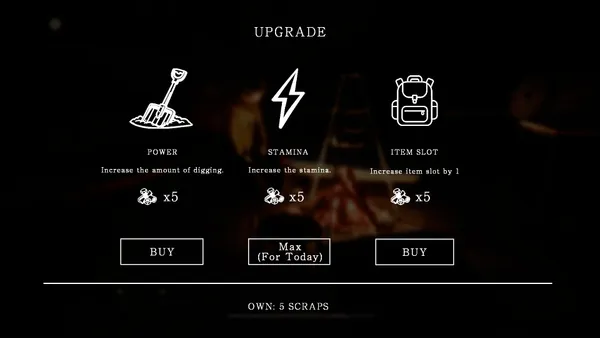 UPGRADE と書かれた画面に、シャベル、稲妻、リュックのアイコンとそれぞれ必要なスクラップ数 x5、BUY ボタンが表示されている。下に OWN: 5 SCRAPS