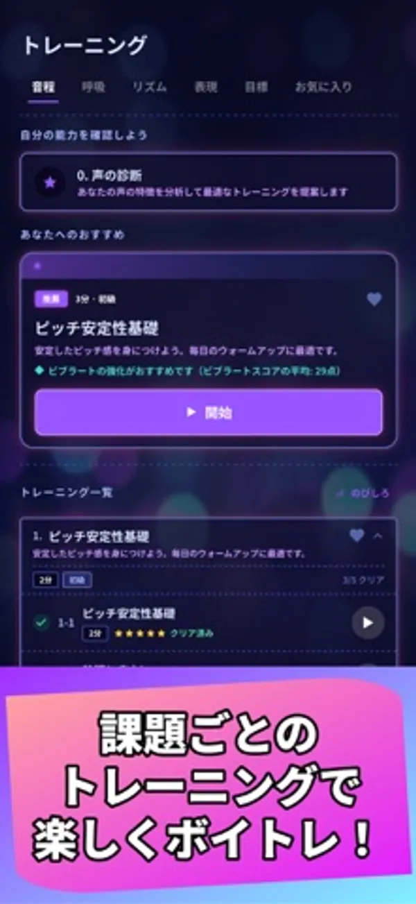 上部に音程、呼吸、リズム、表現、目標、お気に入りのタブ。「0. 声の診断」の項目と、おすすめトレーニング「ピッチ安定性基礎」の開始ボタン、その下にトレーニング一覧がある画面
