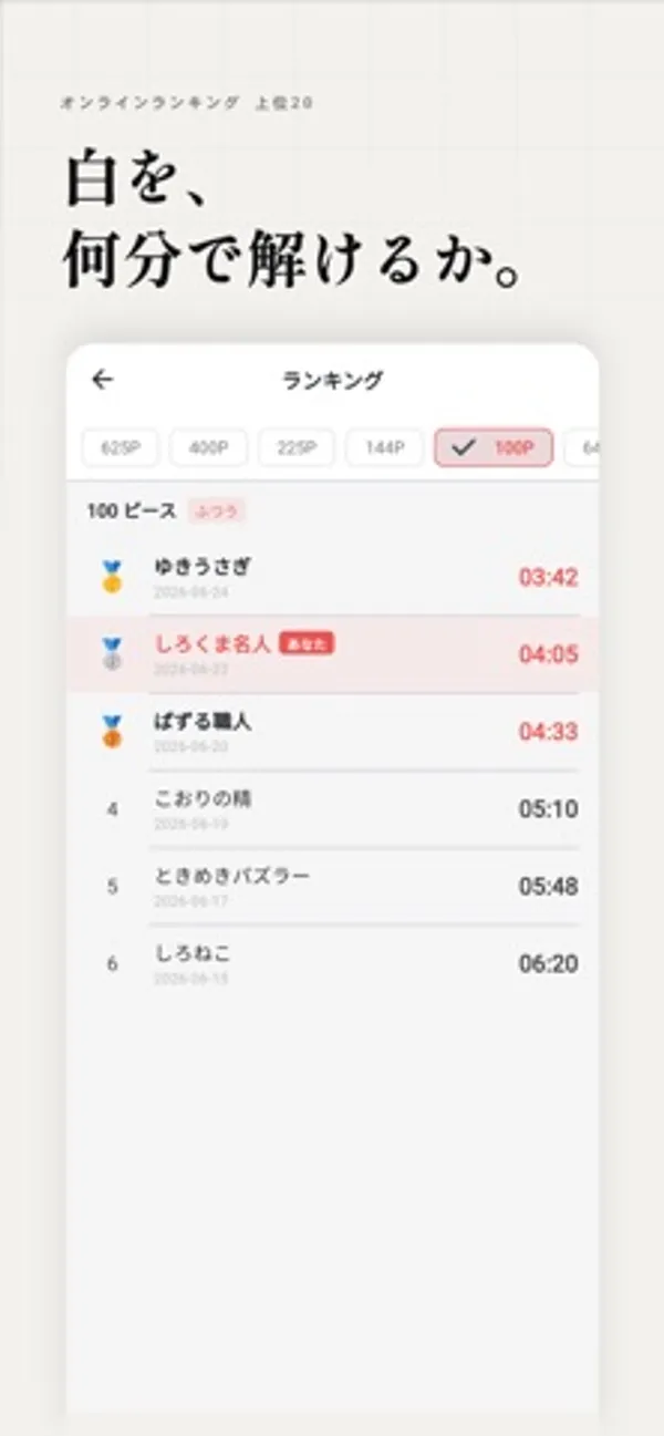 「白を、何分で解けるか。」という見出しの下に、100ピースのランキングが表示され、各プレイヤー名と完成タイムが順位順に並んでいる画面