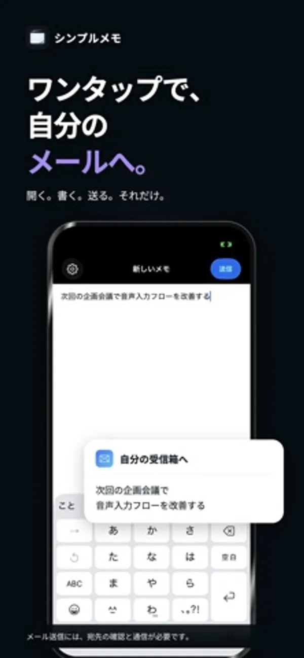 「新しいメモ」画面に「次回の企画会議で音声入力フローを改善する」と入力され、その内容が「自分の受信箱へ」というカードで表示されている