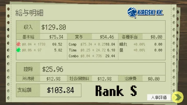 「給与明細」と書かれた用紙の画面。収入$129.80、控除$25.96、支給額$103.84、右下にRank Sと人事評価のボタン