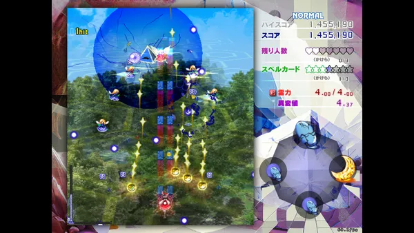 森の上空を進む縦長のプレイ画面と、右側にスコアなどの数値と石の絵が配置された情報欄
