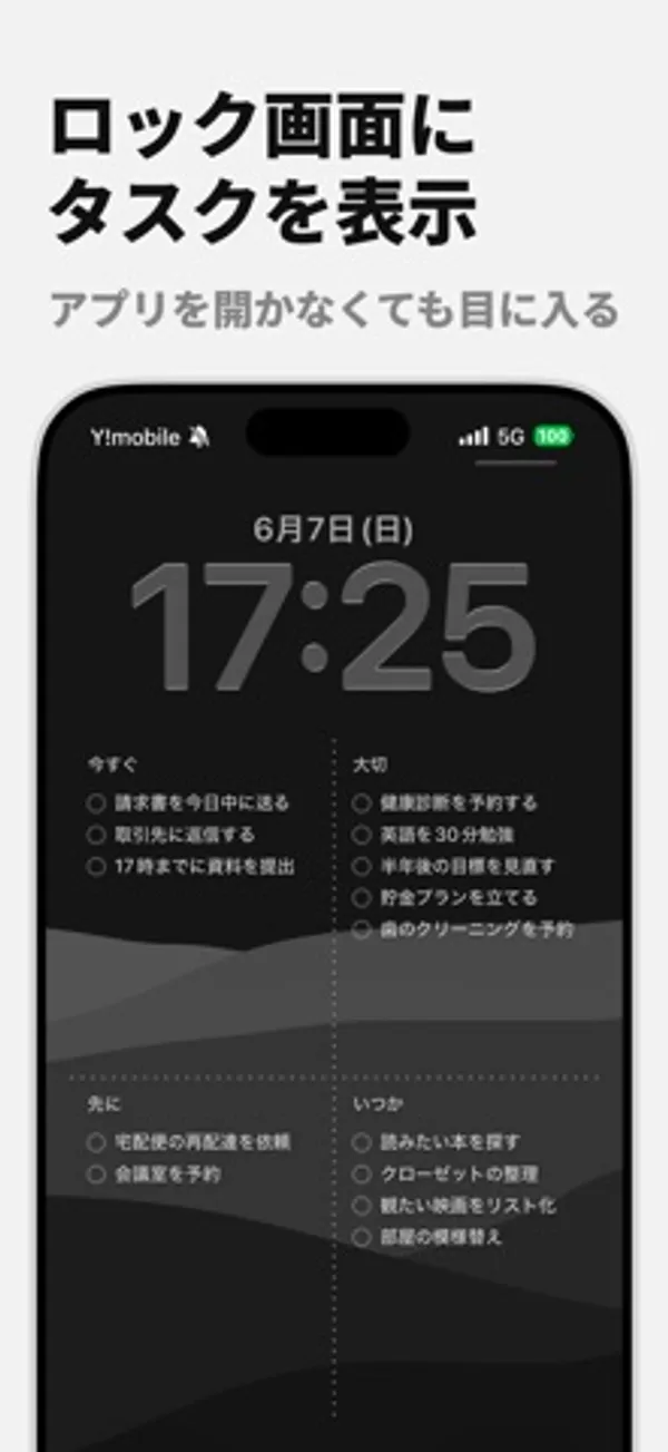 17:25 と表示されたiPhoneのロック画面。時計の下が4つの枠に分かれ、それぞれにタスクの一覧が並んでいる